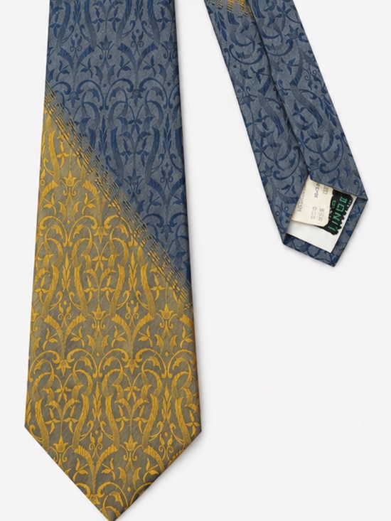 Vintage Linde Hollywood Skinny Tie Blue Gold Damask Dacron Silk